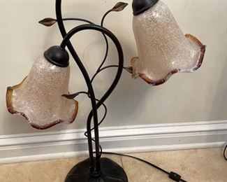 PRICE - $65; Table lamp with tulip blown glass shades; metal base; 30" high with 8" diameter base.