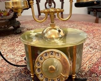 PRICE - $145; Greek marble fancy telephone (missing one prong); 6" base diameter x 7" deep x 10" high.