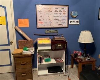 Filing cabinets, record albums, turntable/CD player, playing cards