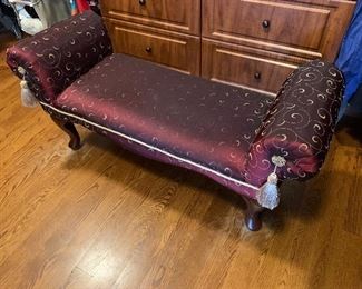 Bench seat with gold foil etching and tassels. Cranberry color

44.5”x16”x21”