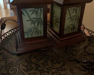 Wood lantern set of 2 with hand painted glass panels  electric lights