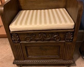 Beautifully detailed Wood hand painted palm trees  storage bench seat with gold stripe cushion  22”x14,5”x25,5”