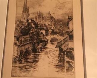 #10. ETCHING SEPIA TONES. A. PINCH FRENCH RIVER SCENE. WITHOUT FRAME APPROX. 8 x11.        $75.00