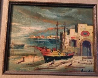 #18  ERIC LARSON . SAILING SHIP AND ADOBE BUILDING.                                                   WITHOUT FRAME. APPROX. 10 X 8                                                                                    $