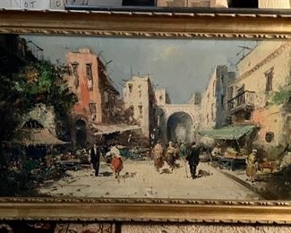 #5. FRENCH MARKET SCENE.                                                      WITHOUT FRAME APPROX. 48 x 24.                                        $275.00 AS IS (SMALL TEAR)