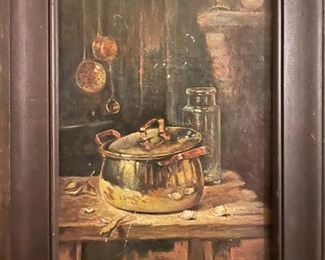 #31. #1 OF A PAIR OF KITCHEN OILS ON BOARD.          APPROX. 6 x 9 1/2.                                                                                   $150.00 FOR THE PAIR