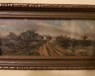 #30. GEORGE SMILLE OIL ON PANEL. FARM SCENE.      APPROX. 16 x 6 1/2.                                                                                 $1300.00