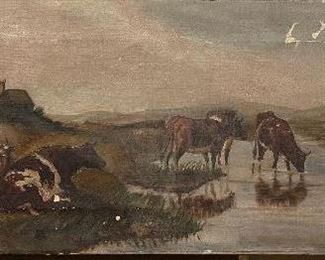 #28. GRAZING COWS BY A STREAM.    AS IS.                                 APPROX. 27 x 10                                                                                           $100.00