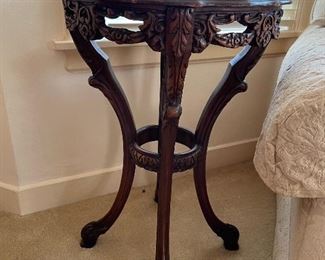 GORGEOUS ANTIQUE CARVED LAMP TABLE WITH INLAID TOP.                                                                                                   $125.00.                                                                                         