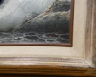 Oil Painting Waves Hitting Rocks with Seagulls