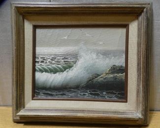Oil Painting Waves Hitting Rocks with Seagulls