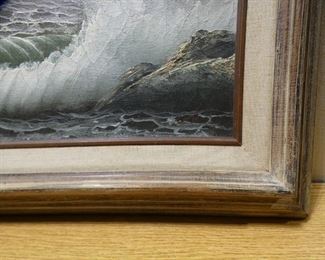 Oil Painting Waves Hitting Rocks with Seagulls