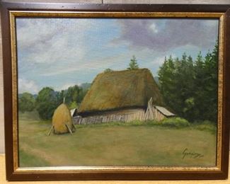 Thatched Roof Huts Oil on Board