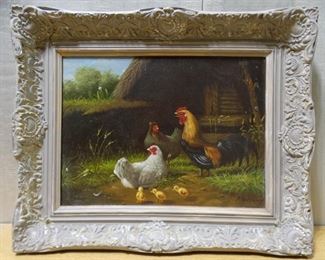 Rooster, Hens, & Chicks by P. Robinson