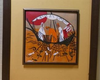 Orange Sea Fishing Print on Tile, Red/White