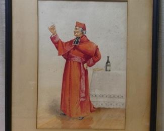 Watercolor Paris Pope Figure with Wine & Wafers
