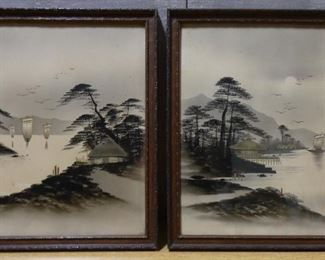 2 Asian Ink Drawing Black & Gold