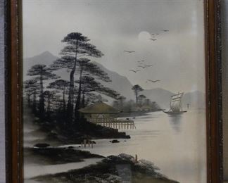 2 Asian Ink Drawing Black & Gold