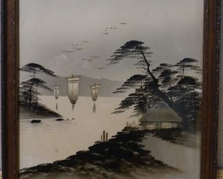 2 Asian Ink Drawing Black & Gold