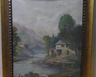 Old Oil on Canvas House on River