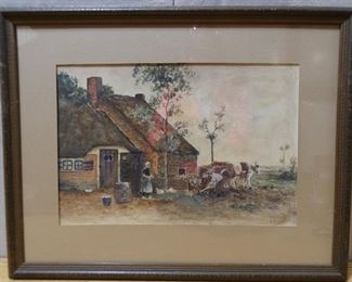 19th Century Signed Watercolor, English Farmhouse