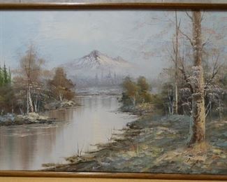 Mountains over River Oil on canvas, signed Andy
