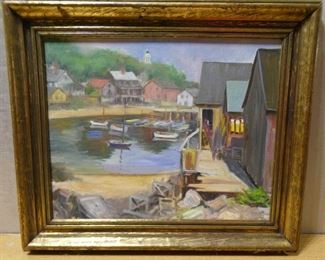 Unsigned Harbor Scene Oil on Board