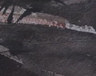 Signed Watercolor of People & Trees on Beach