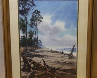 Signed Watercolor of People & Trees on Beach