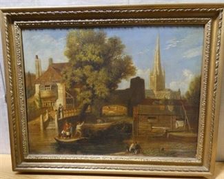 Unsigned Canal Scene Lithograph with Gold Frame