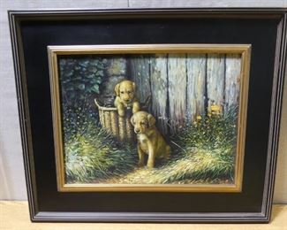 Unsigned Oil on Board, Two Puppies