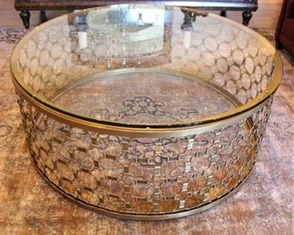 Round Glass Top Metal Base Table, 48" Diameter 19" H.