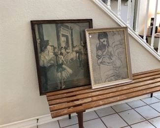 Mid century modern bench
Degas “Ballet Class” print
Picasso “Mother and Child” print