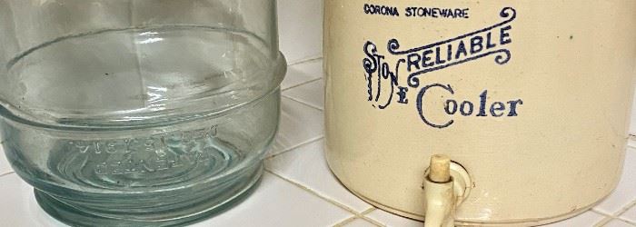 Patented Dec 15, 1914  Glass Drip Jar Kerosene Jar, And Very early Carona Stoneware Reliable Cooler Crock.