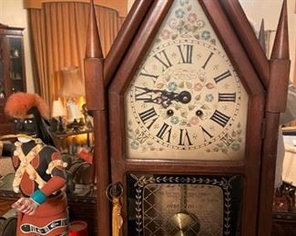 AWESOME NEW ENGLAND CLOCK COMPANY MANTEL CLOCK AND AUTHENTIC SIGNED HAND MADE KACHINA DOLL