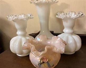 3 VINTAGE WHITE SILVER CREST FENTON VASES AND HANDPAINTED FENTON BOWL SIGNED BY ARTIST.