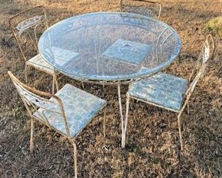 AWESOME ANTIQUE GLASS TOP PATIO TABLE AND CHAIRS