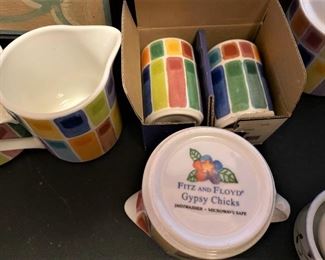 FITZ AND FLOYD "GYPSY CHICKS" SALT & PEPPER SET AND TWO SETS OF SUGAR BOWL & CREAMER.