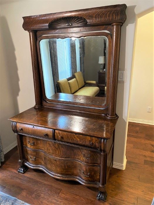 STUNNING ANTIQUE TIGER OAK DRESSER AND MIRROR.