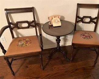 HIS AND HERS ANTIQUE CHAIRS AND ANTIQUE OCCASIONAL TABLE.