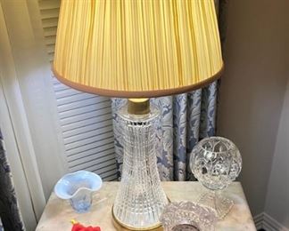 ANOTHER GORGEOUS ANTIQUE EASTLAKE MARBLE TOP SIDE TABLE, WATERFORD CRYSTAL LAMP, PORCELAIN ROSE, CRYSTAL ROSE BOWL AND MORE.