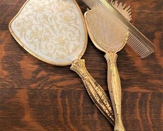 VINTAGE VANITY HAND MIRROR, BRUSH AND COMB SET.