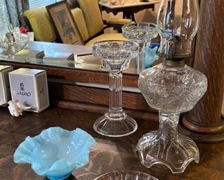 OIL LAMP, FENTON AND WATERFORD CRYSTAL