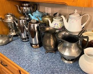 VINTAGE COFFEE AND TEA POTS AND PITCHERS.