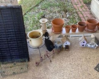 DOG/PUPPY CRATE, BIRD HOUSES AND PLANTERS.