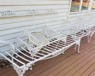 Outdoor furniture including teak and wrought iron