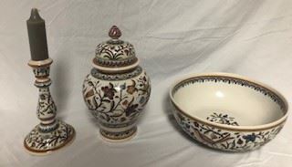 Portuguese hand painted ceramic set - candlestick, potpourri vase, serving bowl