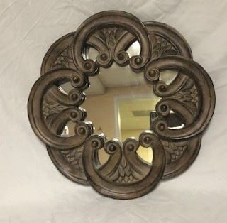 Wood frame decorative wall mirror (about 1 ft. dia)