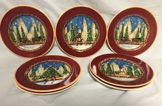 "Christmastime in the City" plate set by Chuck Fisher for Sango Ceramics. Microwave oven safe4 different scenes depicted. Hand painted, glazed fired ceramic. 7 total,