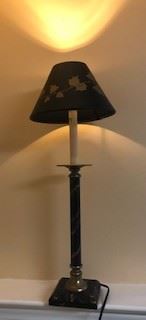 Candelabra small table lamp and black/leaves shade. 